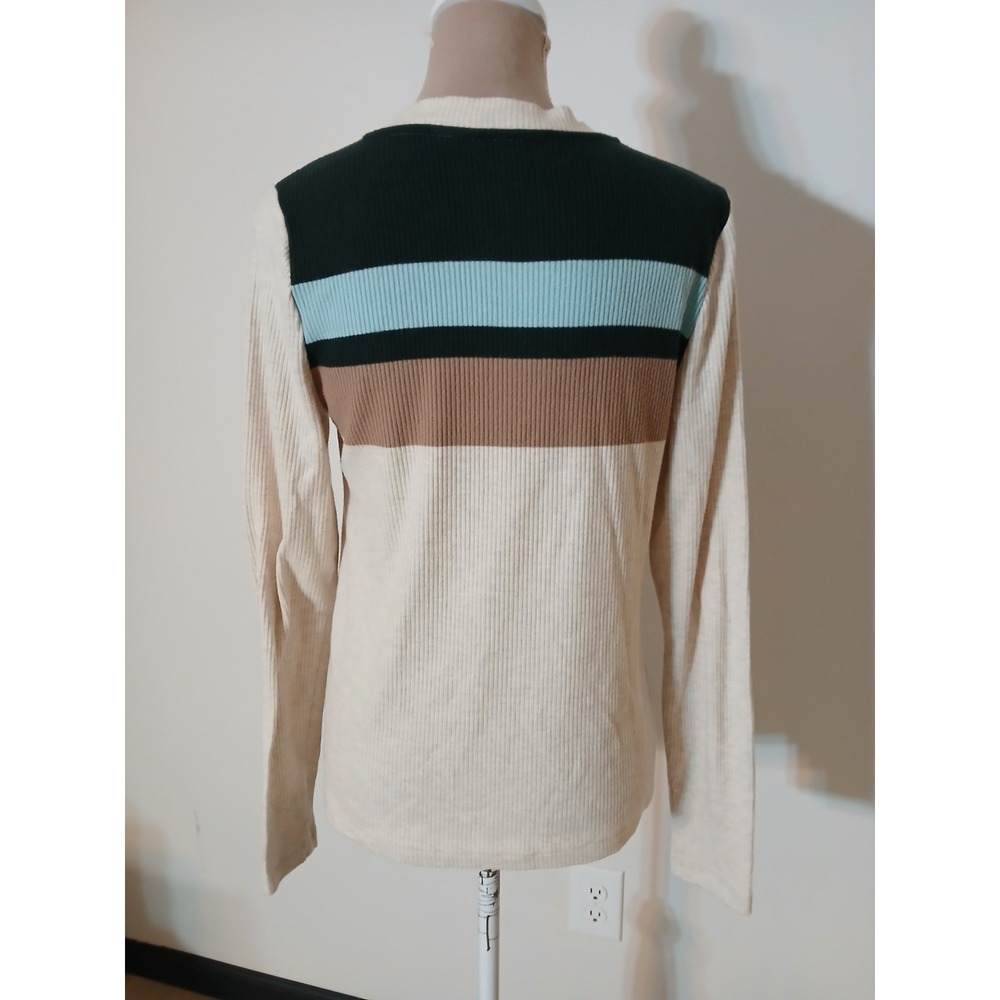 Lands End Womens M 10-12 Ribbed Henley Long Sleeve Striped Top Cream Blue Tan - Picture 5 of 11